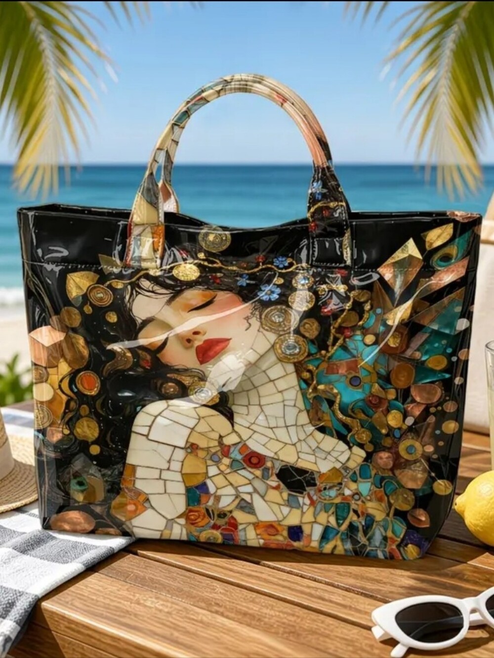 Beautiful Mosaic Artsy Style Female Portriat Pictire Jand Tote Bag - Picture 9 of 11